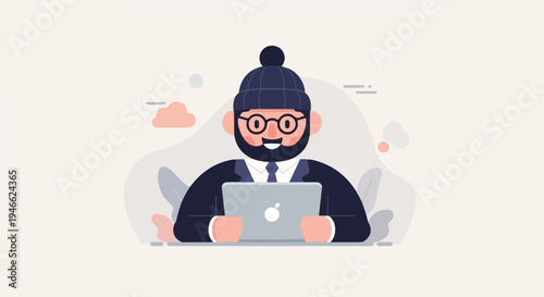 A smiling person wearing a beanie and glasses holds a laptop