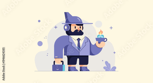 A stylized man in a suit holds a cup with a flame and a briefcase