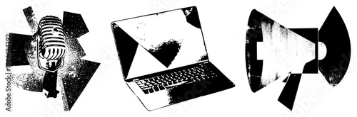 Retro styled devices classic mic, laptop with heart on screen, megaphone, halftone texture, vector graphic, communication symbols, digital and analog tech fusion.
