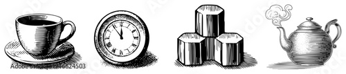Classic engraved style coffee cup, antique clock, sugar cubes stack, teapot all in halftone vector art. Antique tea set, timepiece, sweetener, vintage beverage.