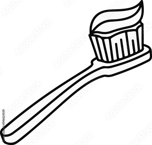 A simple line drawing of a toothbrush with toothpaste on its bristles