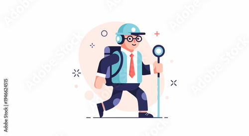 A smiling person with a backpack and cane walks forward