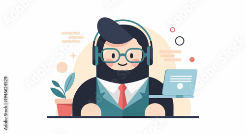 A smiling person with a beard wearing headphones and glasses, holding a laptop