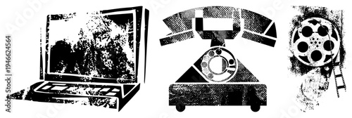 Retro communication devices rendered in halftone vector art laptop, rotary phone, film reel stylized with grainy texture,, and bold for nostalgic tech aesthetic.
