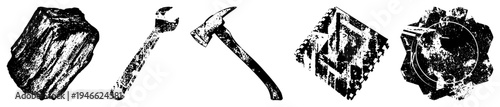 Rugged textured including rock, wrench, hammer, abstract cube, and gear, rendered in distressed vector style.