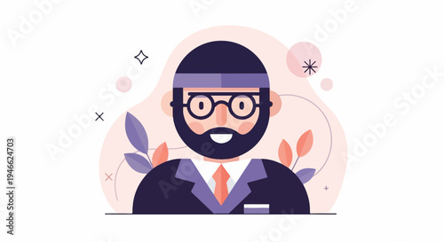 A smiling bearded man with glasses wears a suit and headband