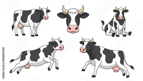 Cute Cartoon Black and White Cow Vector Set. Farm Animal Illustrations in Various Poses: Standing, Sitting, Running, Head.