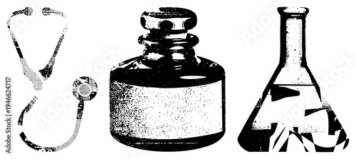 Stethoscope, ink bottle, conical flask rendered in halftone style, medical science symbols, vector graphic, black and white, isolated.