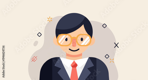 A smiling, stylized person in a suit and tie wears large glasses