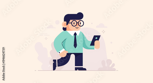 A smiling businessman in a teal shirt walks while looking at his phone