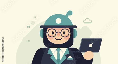 A smiling cartoon character wearing glasses, headphones, and a suit, holding a laptop
