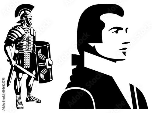 Classical Roman legionary warrior with shield and sword, modern female profile in minimalist silhouette, stark contrast, historical vs contemporary, flat vector design.