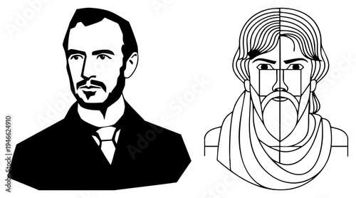 Vectorized male busts, one solid black silhouette with tie, other with geometric facial grid, minimalist portrait art, graphic design elements.