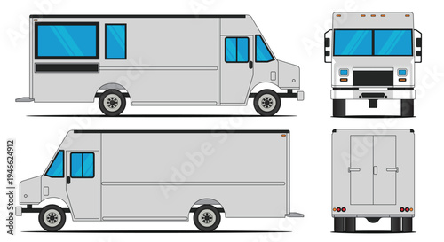 Vector illustration of a white food truck or delivery truck shown from multiple perspectives including side, front, and rear views.
