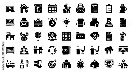 Solid Black Icons Remote Work Productivity Office Grid
