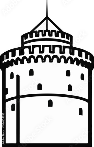 A stark black and white illustration depicts a cylindrical fortress with a crenellated parapet