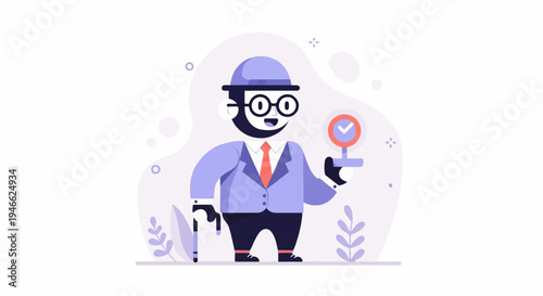 A smiling gentleman in formal attire holds a sign with a checkmark