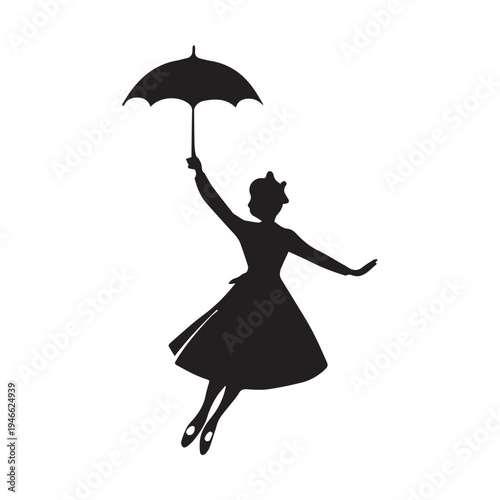 Elegant Woman Flying With Umbrella Silhouette Inspired Fantasy Classic Story Character Illustration.