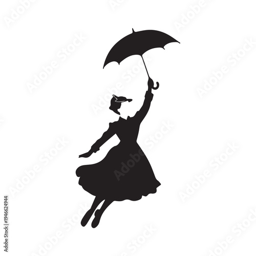 Elegant Woman Flying With Umbrella Silhouette Inspired Fantasy Classic Story Character Illustration.