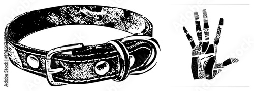 Leather dog collar with buckle and, hand with tribal geometric, black and white vector art, isolated foreground elements.