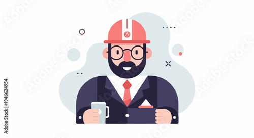 A smiling man in a hard hat, glasses, and suit holds a mug