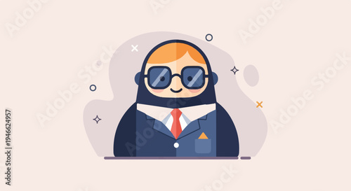A stylized cartoon figure in a suit and tie wears glasses