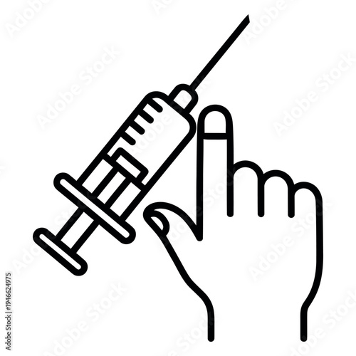 Black line of hand holding syringe with needle line black white background finger