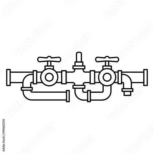 Black line of industrial pipes and valves line industrial plumbing black and white