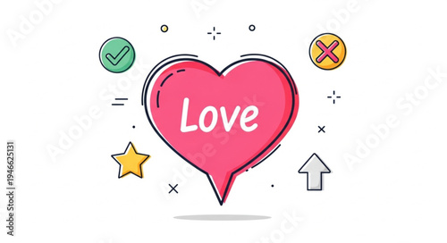 Pink heart speech bubble with the word love inside and icons.