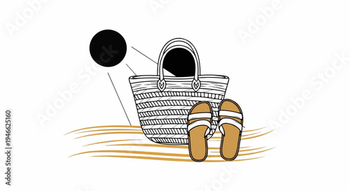 A straw bag and sandals rest on wavy lines, with a black circle above
