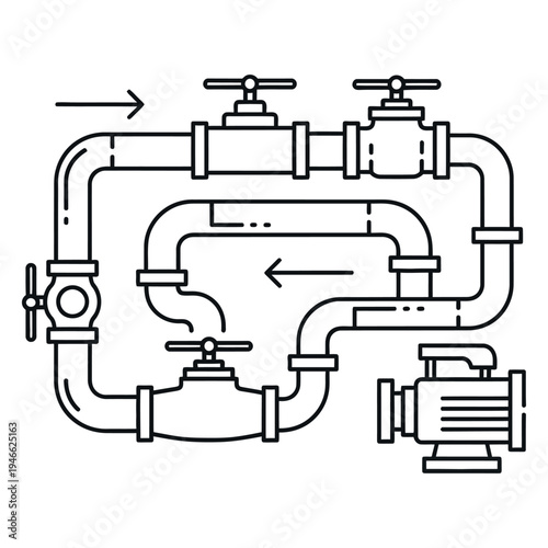 Black line of industrial piping system with valves and pump line industrial