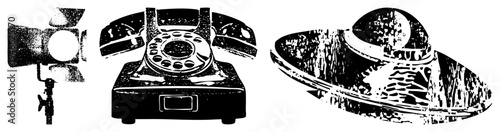Retro rotary phone, studio lighting equipment, wide brimmed sombrero, vector illustration, design, classic tech, cultural.