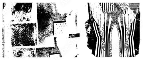 Fragmented halftone textures, geometric shapes, stylized graphic elements, vector illustration, design, isolated, artistic composition.