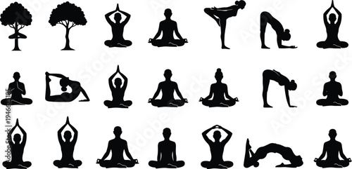 Black yoga silhouettes set with diverse meditation poses, lotus positions, stretching exercises, zen trees, and mindfulness icons for wellness design projects.