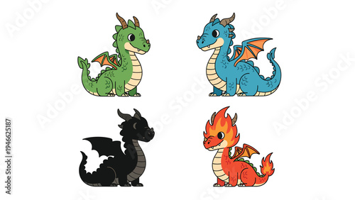 Set of four cute cartoon baby dragons: green, blue, black, and red fantasy creatures, isolated on white background.