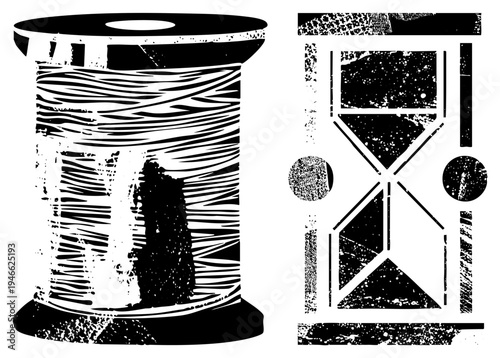 Thread spool with textured winding, hourglass with geometric framing, halftone print style, isolated vector art, craft and time symbolism.