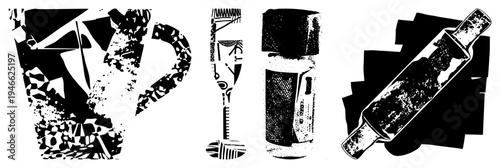 Retro style cooking tools with distressed halftone textures, including mug, measuring cup, spice jar, rolling pin, kitchen essentials, rustic design, vector art.