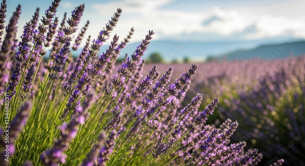 Obraz premium A vibrant field of lavender blooms under a clear blue sky, with rolling hills and distant mountains in the background.