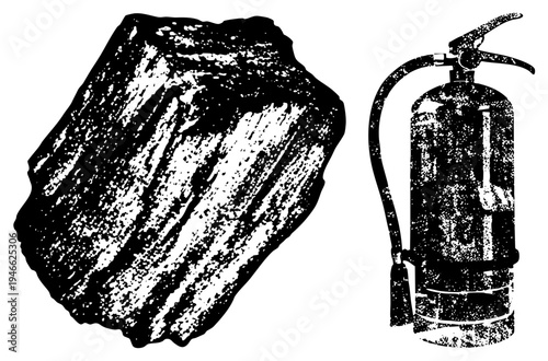 Halftone style fire extinguisher with hose and nozzle, beside rough textured stone block, both rendered in vector art with grainy texture.