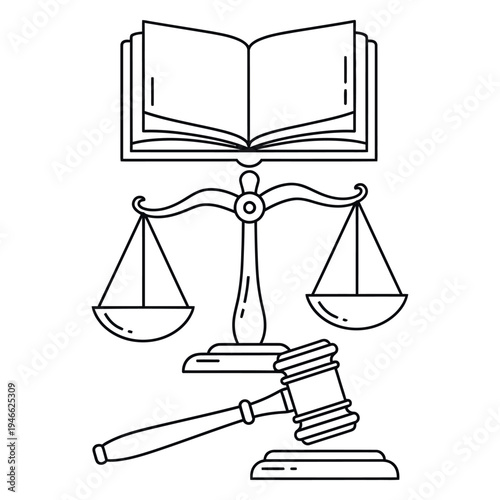 Black line of law symbols including an open book gavel and scales line law legal justice
