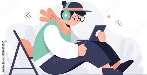 A person wearing headphones and glasses uses a tablet on a chair