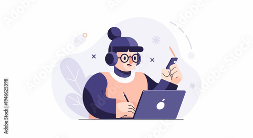 A person wearing headphones and glasses works on a laptop and phone