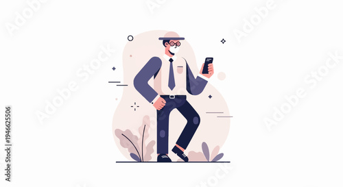 A stylish man in a hat and glasses, holding a phone, is dancing
