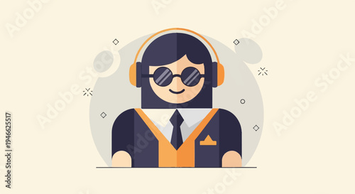 A person with headphones and sunglasses, dressed in a suit