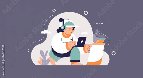 A person wearing headphones works on a laptop next to a steaming mug