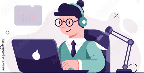 A person wearing headphones works on a laptop with a desk lamp nearby