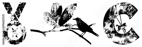 Distressed letterforms Y, C, and bird silhouette with leaves, rustic textures, graphic design, isolated vector elements.