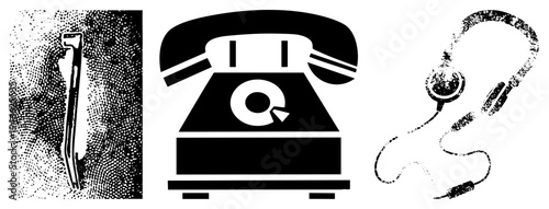 Classic rotary phone, fountain pen, wired headphones, halftone texture, retro tech, communication devices, analog era gear.
