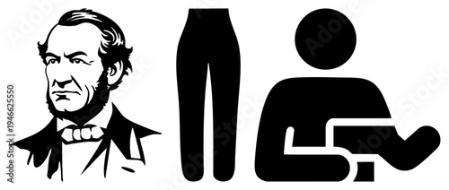 Historical portrait of Abraham, female figure, wheelchair accessibility symbol, black and white vector, flat design, public signage elements.