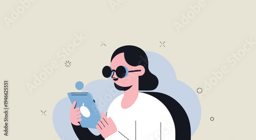 A person wearing large round glasses gazes at a tablet device